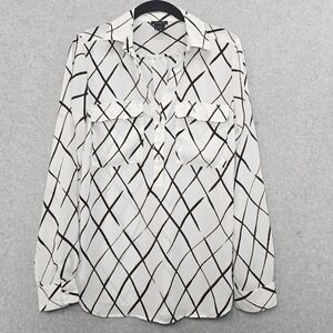 Ann Taylor Factory Blouse White with Black Slanted Window Pane Pattern Women's M